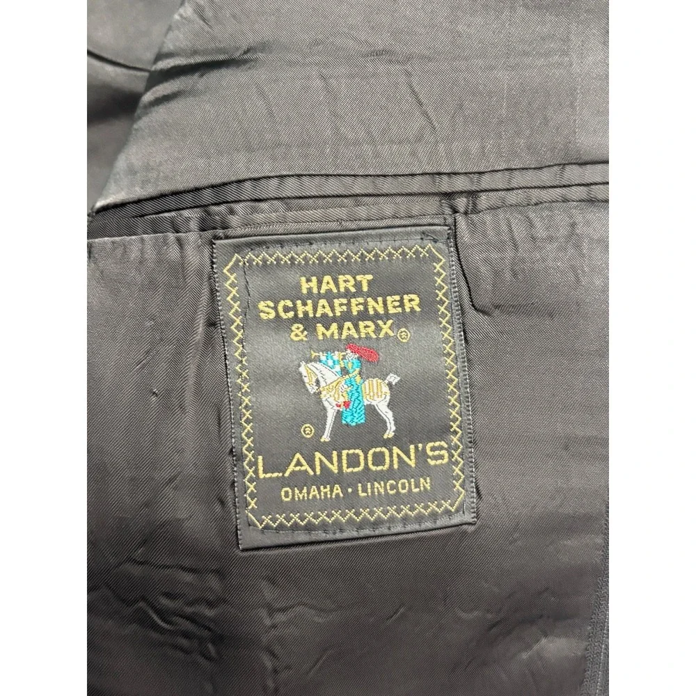 vtg 90s Hart Schaffner Marx 44L 38x30 Black Pinstripe 2pc Pant Suit Pleated USA